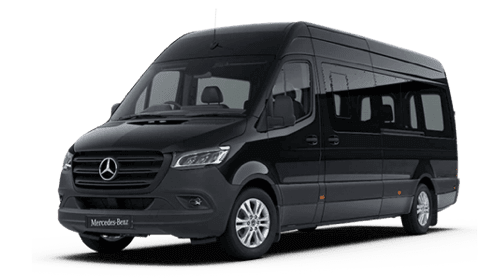 Black Mercedes-Benz van with tinted windows and sleek design.