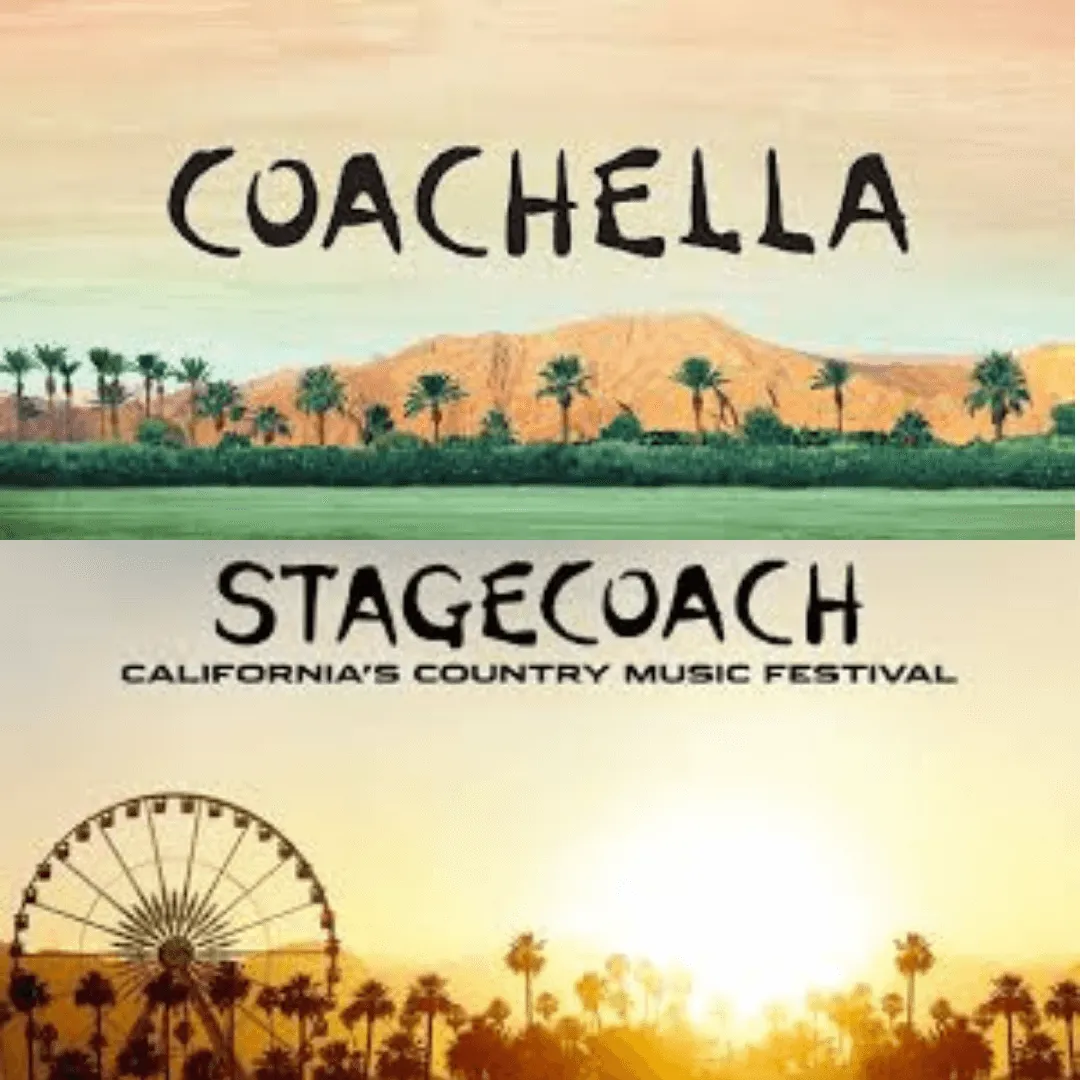 Coachella and Stagecoach festival logos against a sunset backdrop.