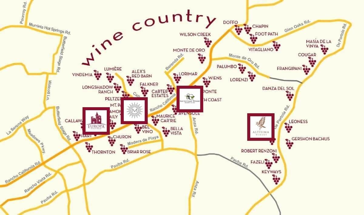 Map showing wine country with wineries and tasting rooms marked.