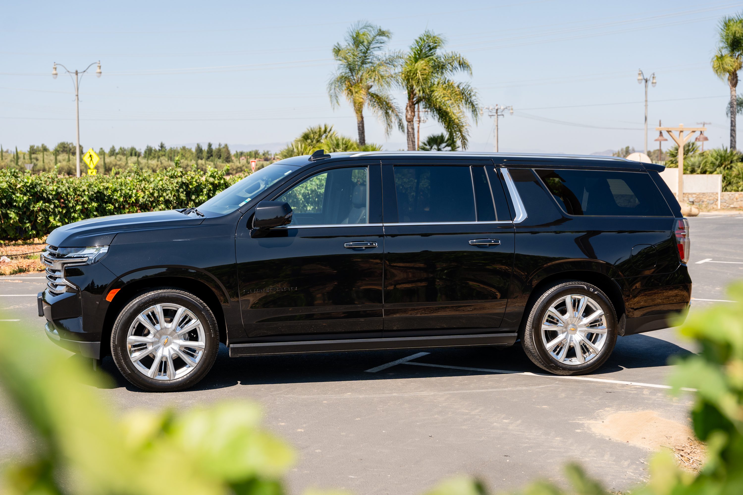 Black luxury SUV parked outdoors with palm trees in the background.