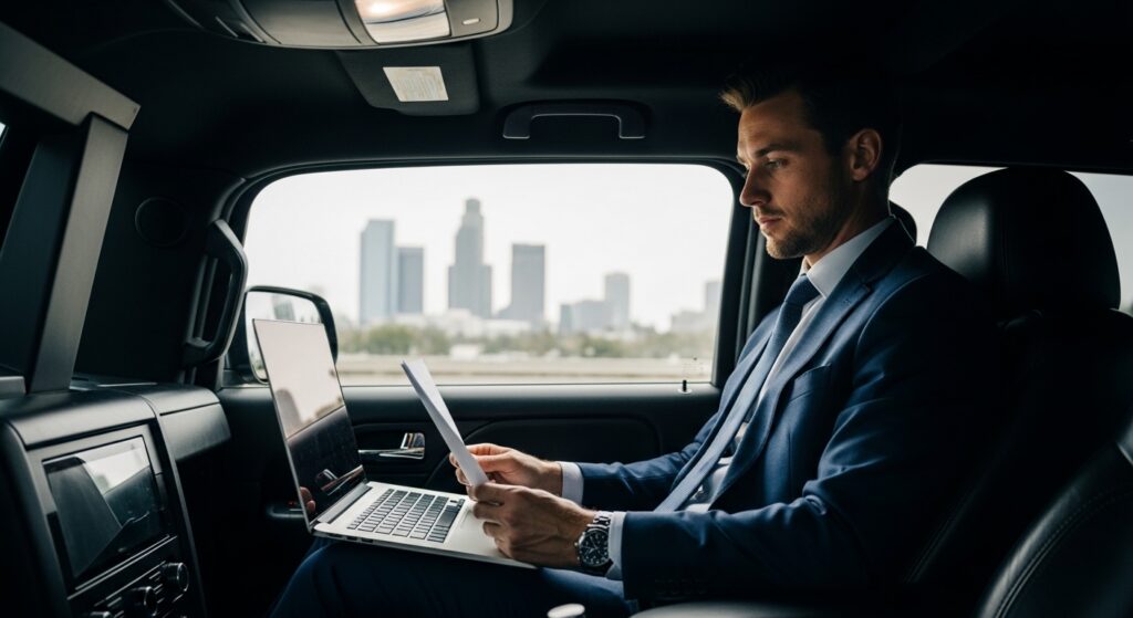 a business professional sitting inside a car 