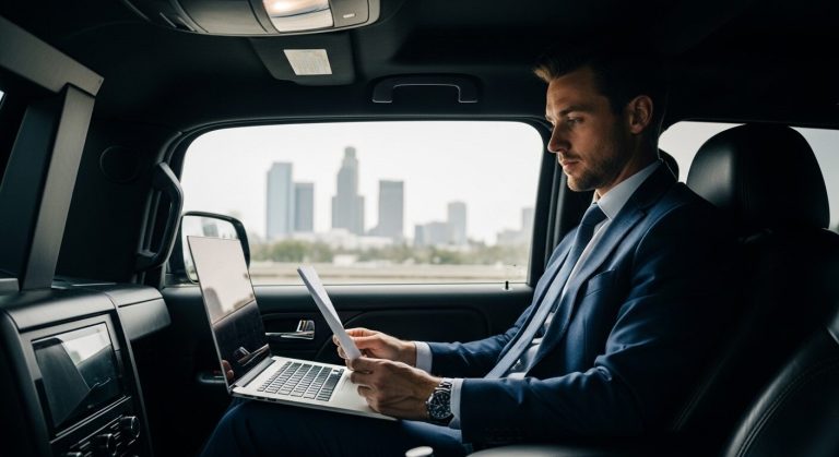 a business professional sitting inside a car 