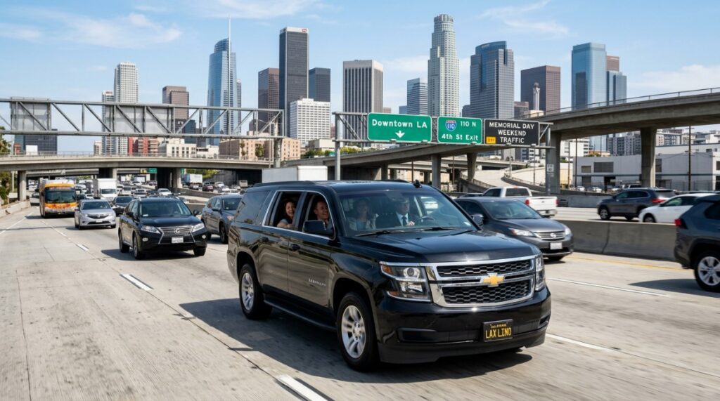 A black Chevrolet Suburban smoothly passes through controlled traffic lanes in Los Angeles