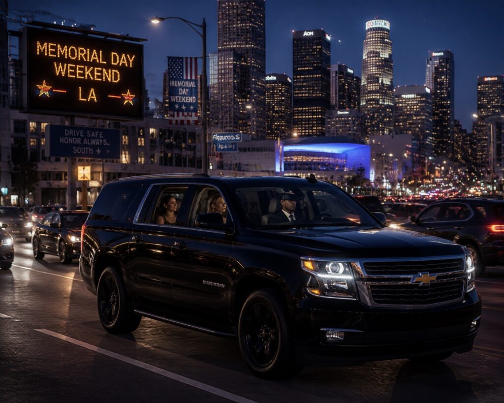 A black Chevrolet Suburban navigating through light Memorial Day Weekend traffic in Los Angeles