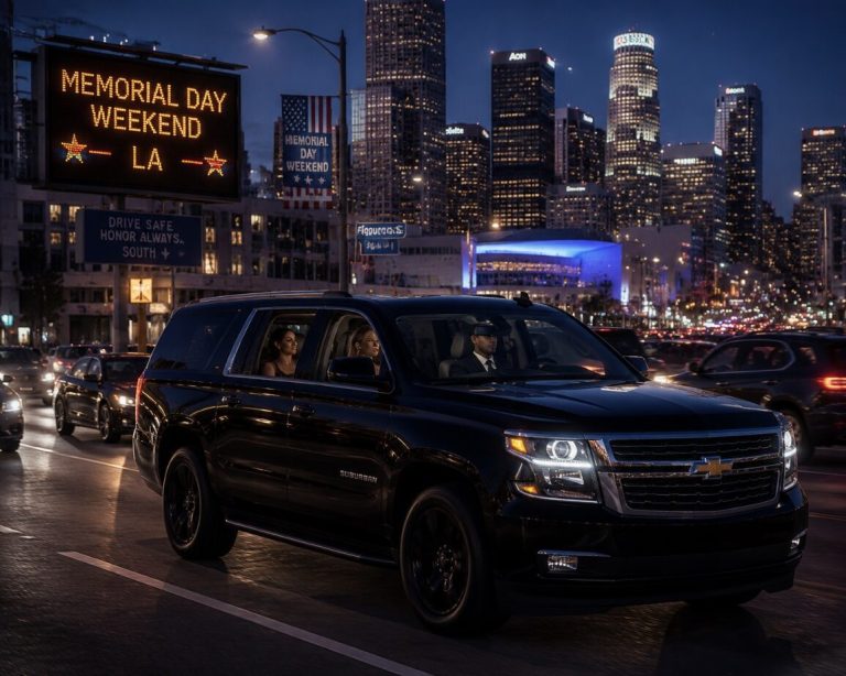 A black Chevrolet Suburban navigating through light Memorial Day Weekend traffic in Los Angeles