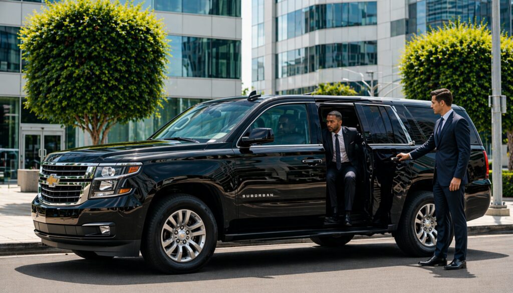 A chauffeur opening the door to a black car