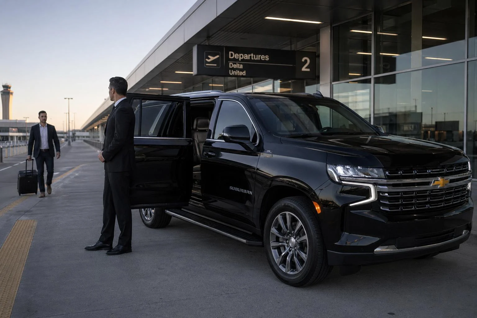 Professional black SUV airport pickup service in Los Angeles with chauffeur outside terminal