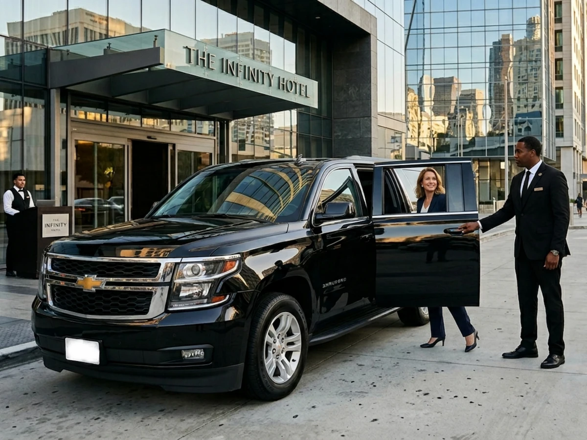 Black Chevrolet Suburban with professional chauffeur providing black car transportation in Los Angeles outside a modern hotel.