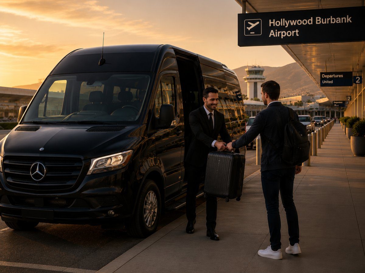 Black Mercedes Sprinter with professional chauffeur greeting a traveler at Hollywood Burbank Airport during airport transportation service.