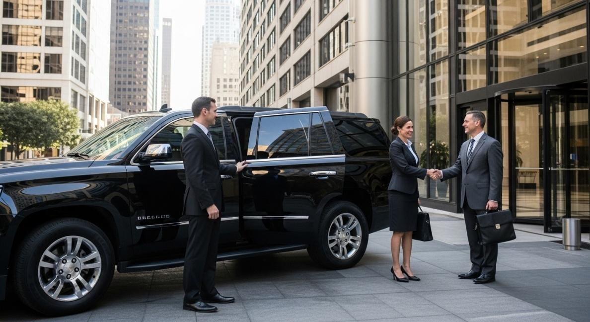 Luxury black car chauffeur service for business transportation in downtown Los Angeles