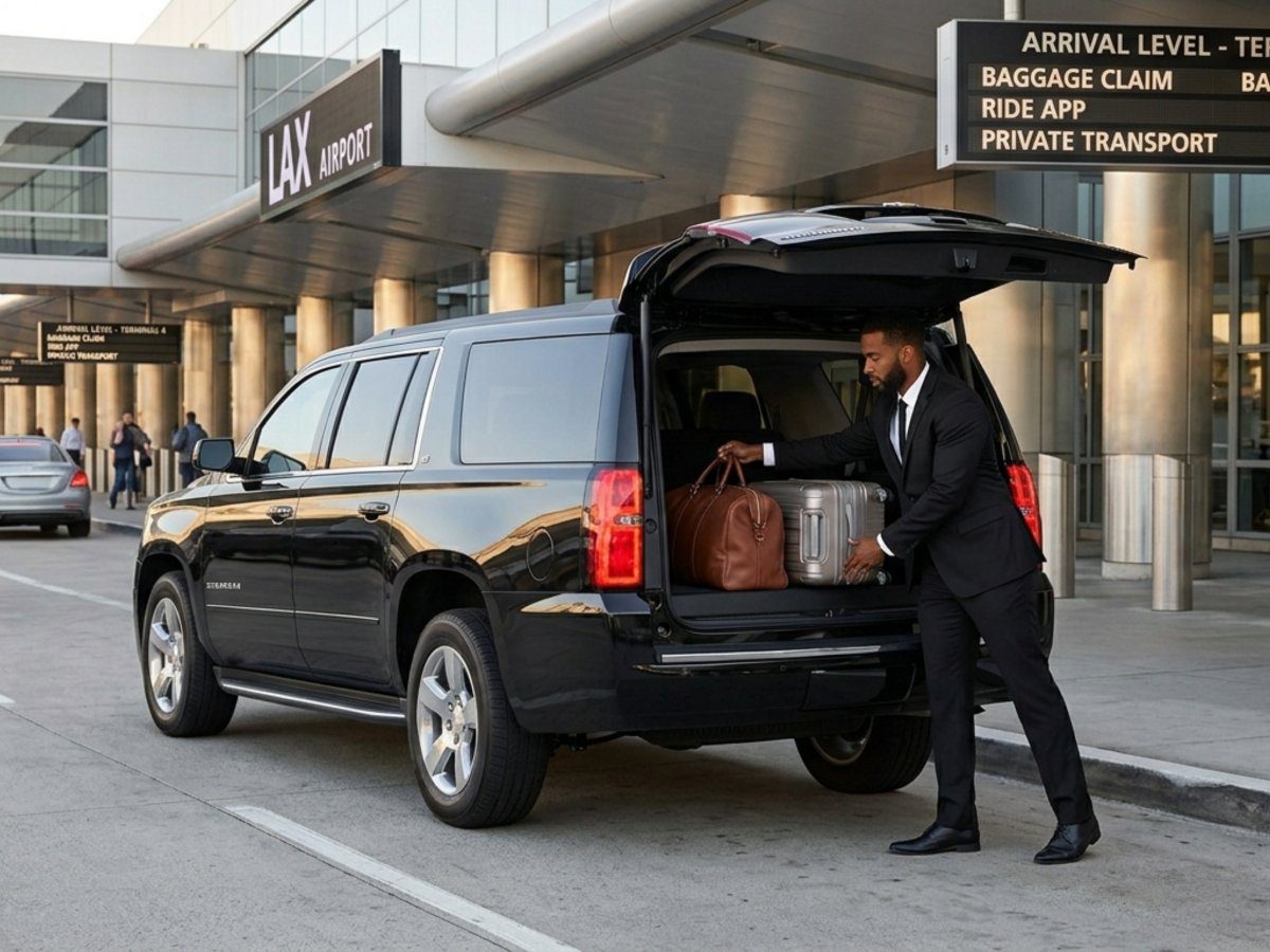Professional chauffeur loading luggage into a black SUV at LAX for transportation to Burbank Airport.