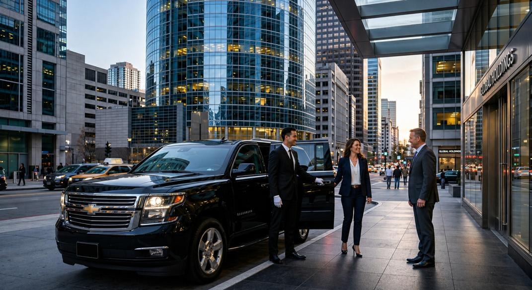 Professional black SUV chauffeur service for airport transportation to downtown Los Angeles