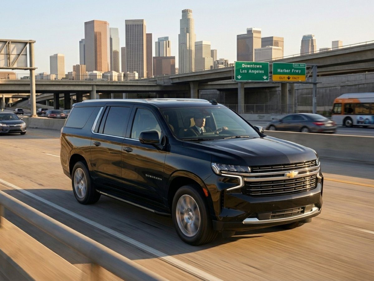 Black Chevrolet Suburban traveling toward Downtown Los Angeles during private transportation from LAX.