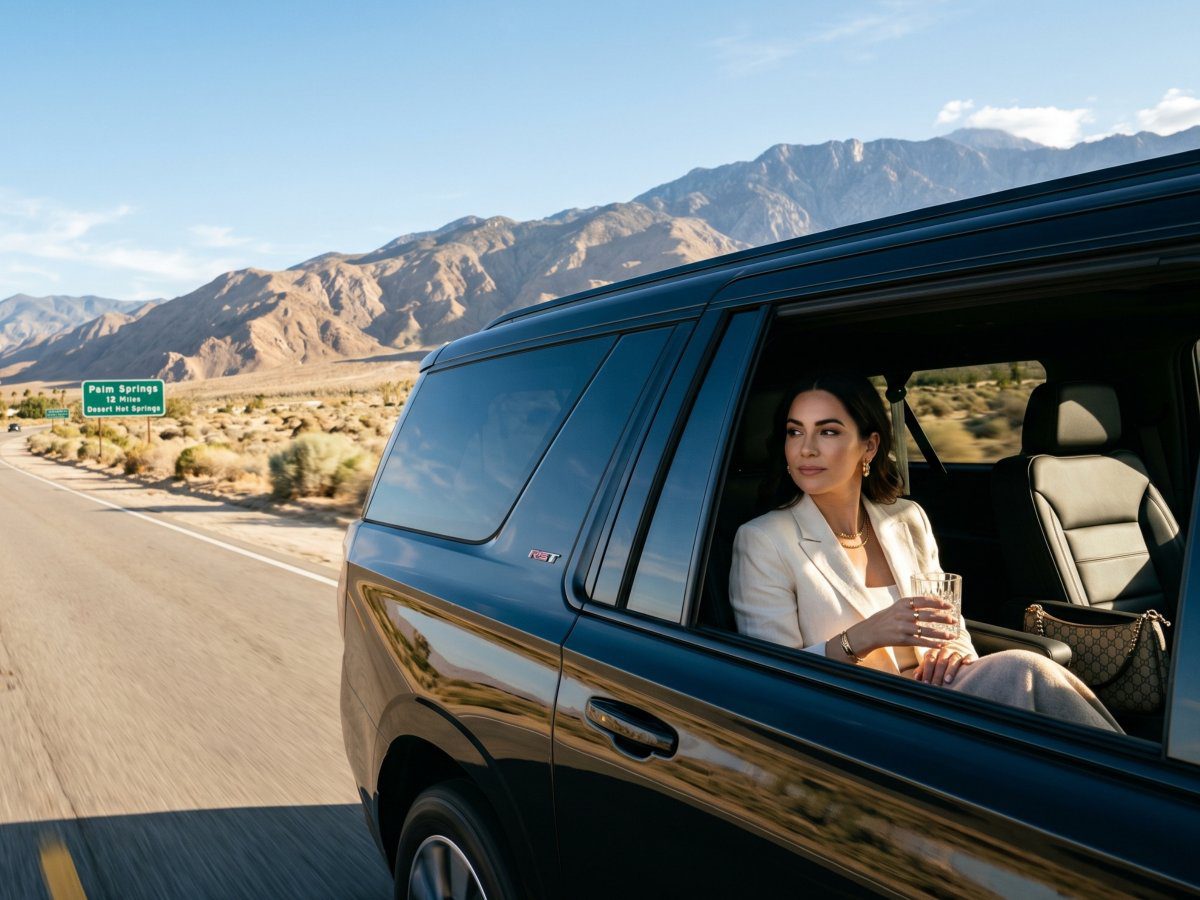 Passenger riding in a black luxury SUV on a Southern California desert highway during transportation from Los Angeles to Palm Springs.