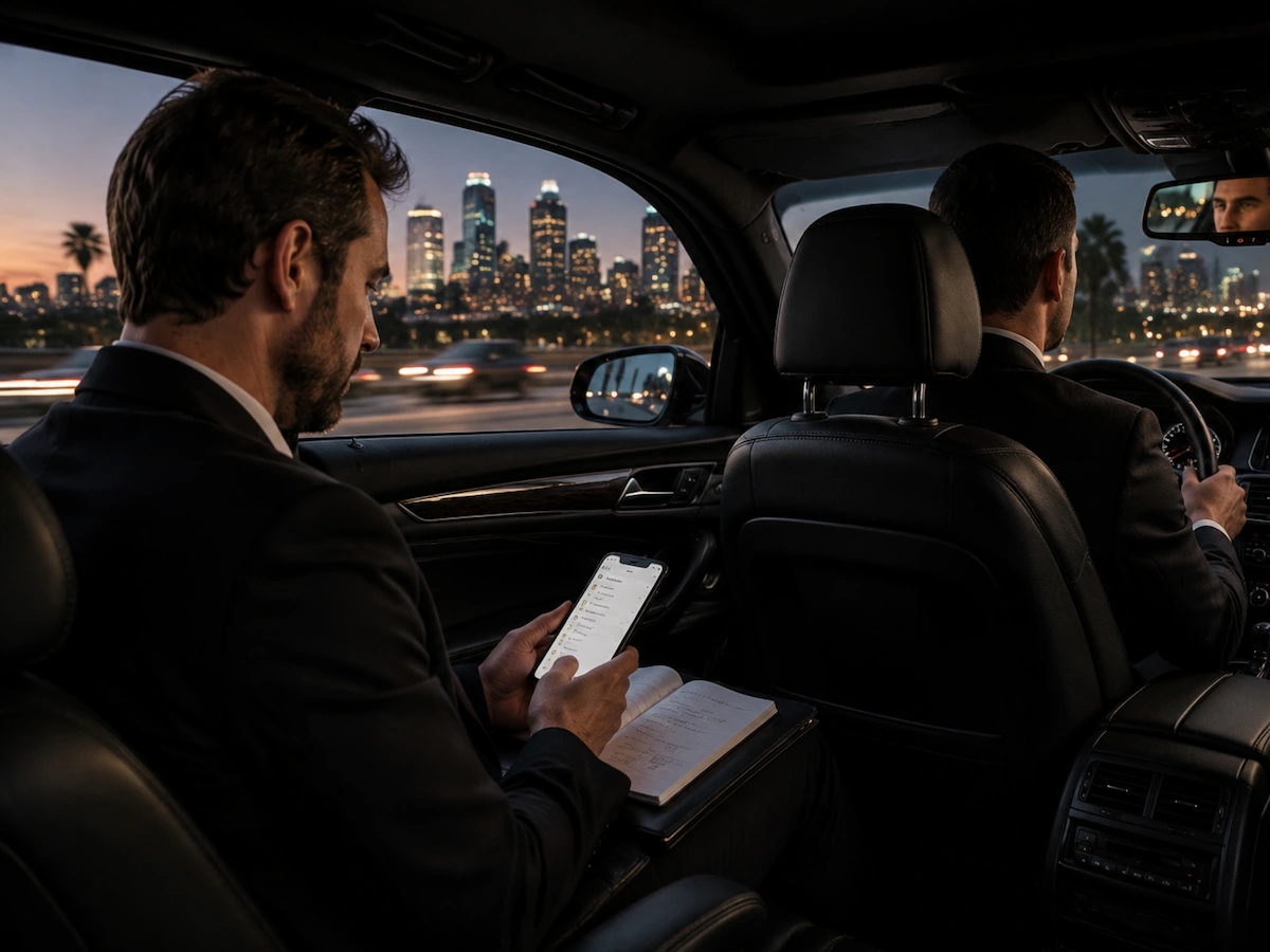 Passenger riding in a luxury black car interior during professional black car transportation in Los Angeles.