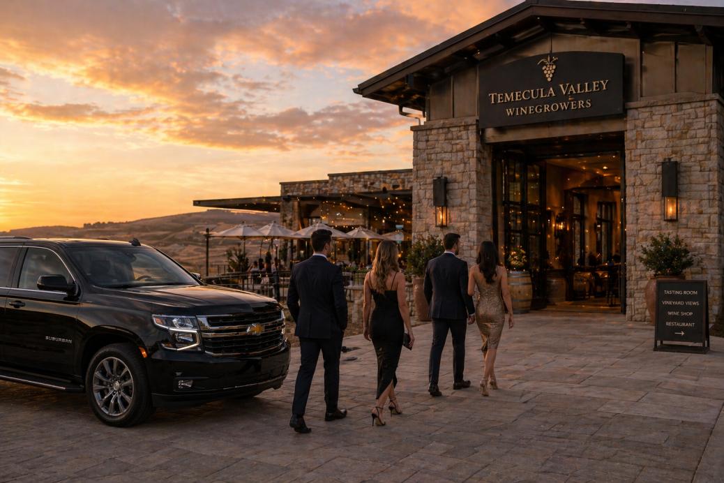 Luxury Sprinter van for Temecula wine tour transportation with vineyard views
