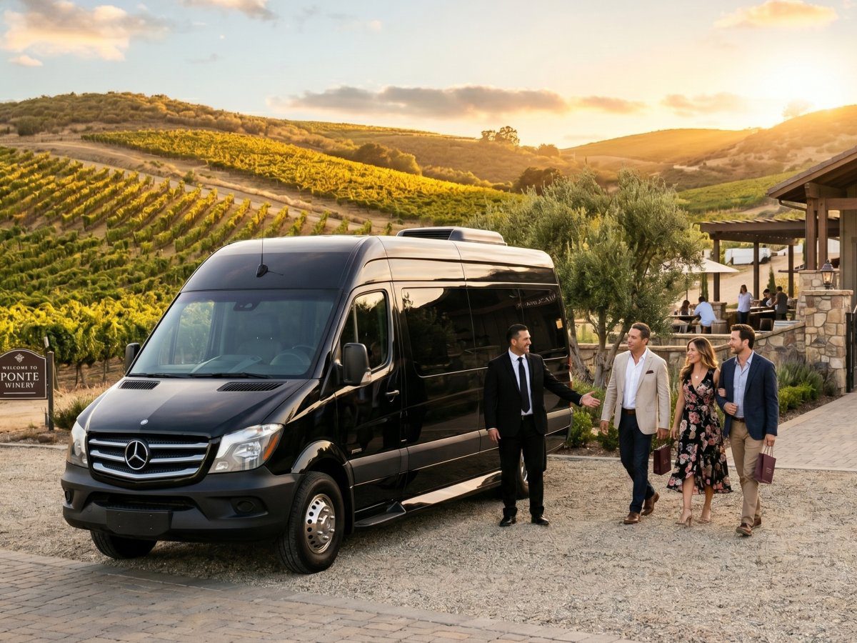 Black Mercedes Sprinter with professional chauffeur welcoming guests at a Temecula winery during a private wine tour.