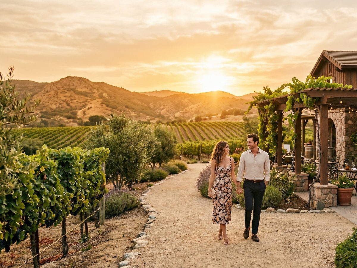 Couple walking through a scenic Temecula vineyard during a luxury wine tour at sunset.