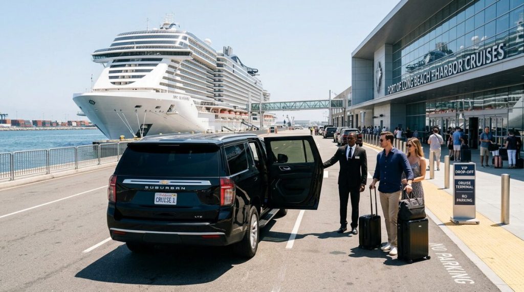 A black Chevrolet Suburban at a cruise terminal