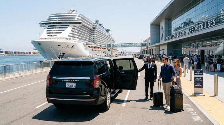 A black Chevrolet Suburban at a cruise terminal
