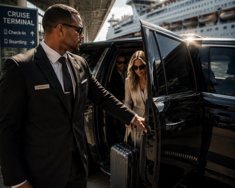 A professional private chauffeur in a tailored black suit opening the door of a black Chevrolet Suburban at a cruise terminal