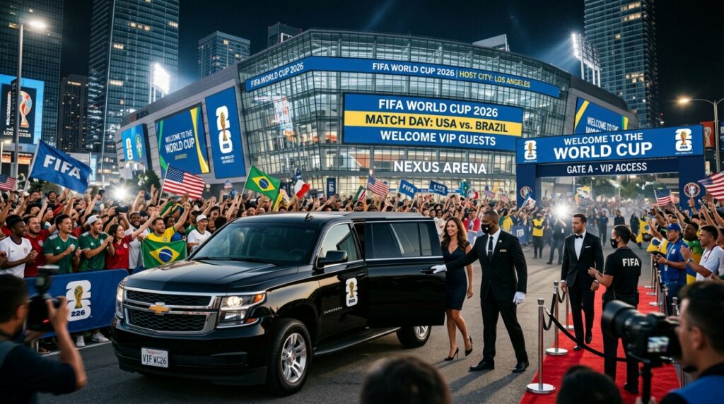 A black Chevrolet Suburban at a major FIFA World Cup 2026 stadium