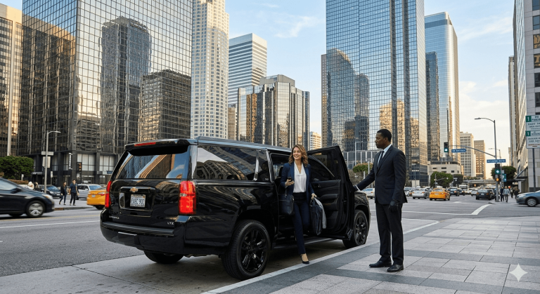 a corporate professional exiting a car
