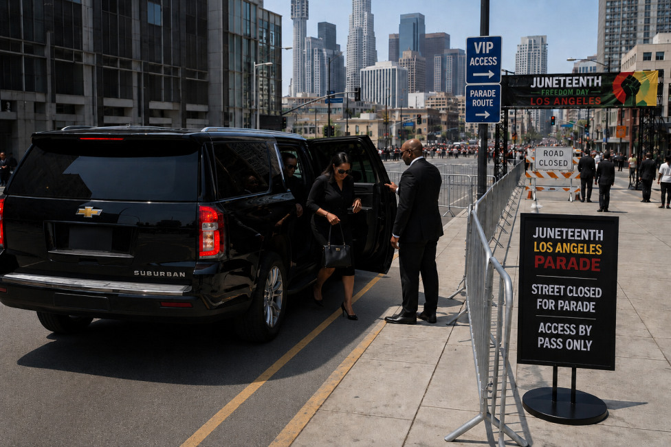 A black Chevrolet Suburban in a designated VIP drop-off zone