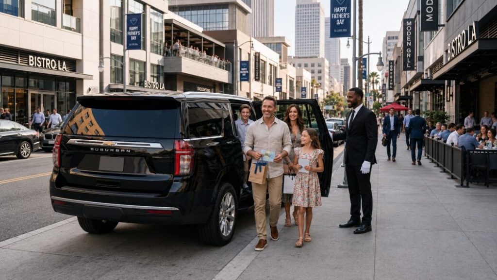 A black Chevrolet Suburban arriving at a modern restaurant