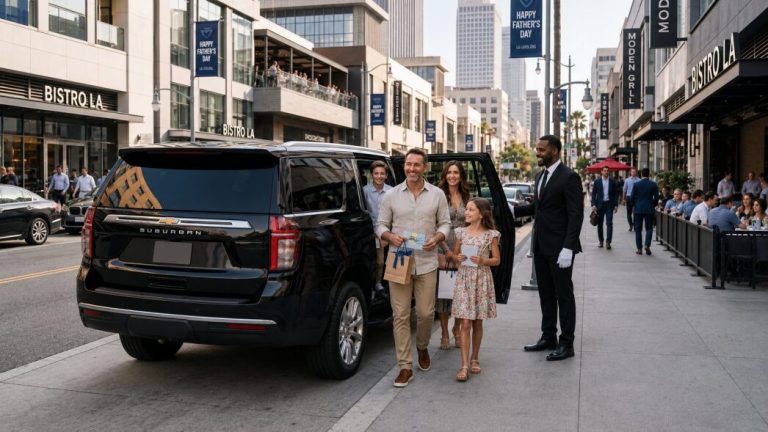A black Chevrolet Suburban arriving at a modern restaurant