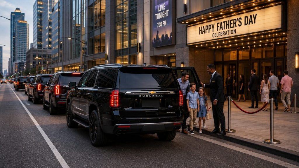 A black Chevrolet Suburban in a valet-style drop-off and pickup zone outside an entertainment venue