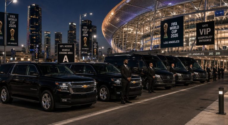 A black Chevrolet Suburban waiting in a designated FIFA World Cup 2026 VIP drop-off lane