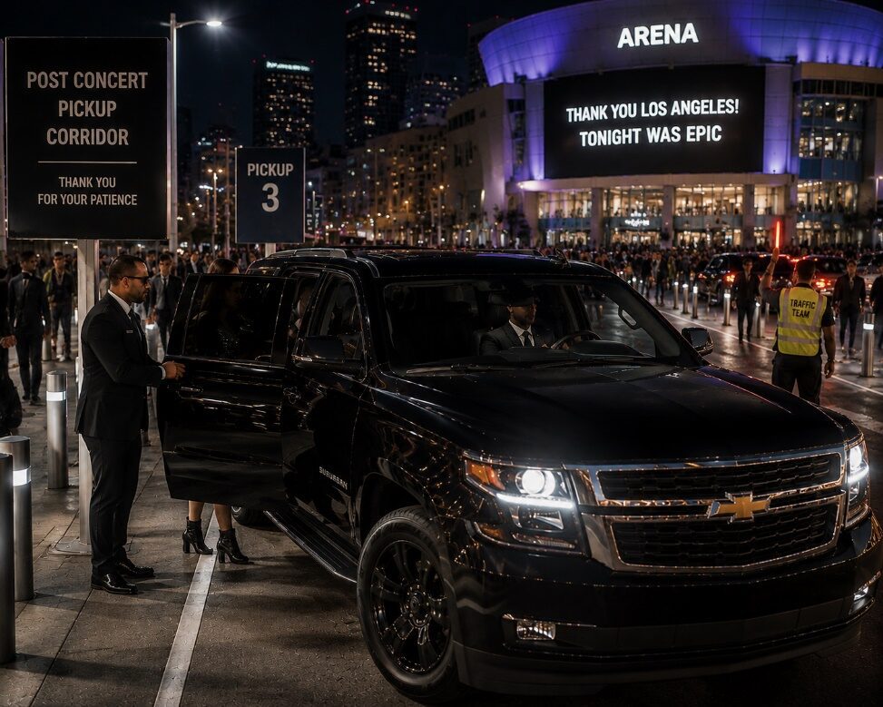 A black Chevrolet Suburban waiting in a designated VIP concert pickup lane
