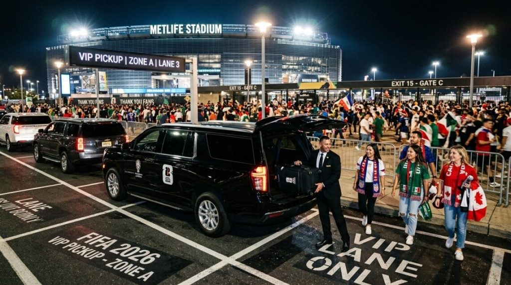 A black Chevrolet Suburban waiting in a designated FIFA World Cup 2026 VIP drop-off lane