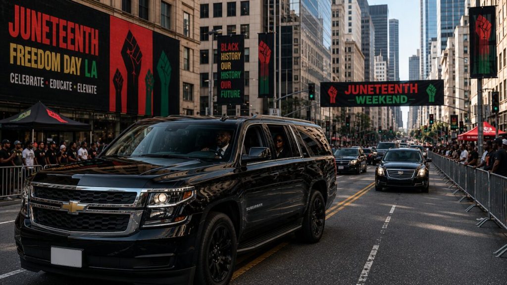 A black Chevrolet Suburban moving smoothly through traffic