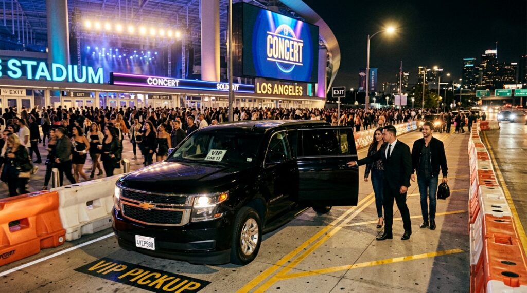 A black Chevrolet Suburban in a post-concert pickup corridor in downtown Los Angeles
