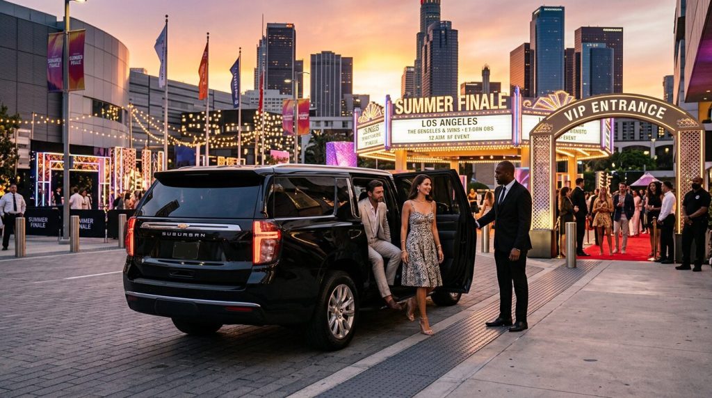 A black Chevrolet Suburban arriving at the entrance of a large outdoor Summer Finale event in Los Angeles