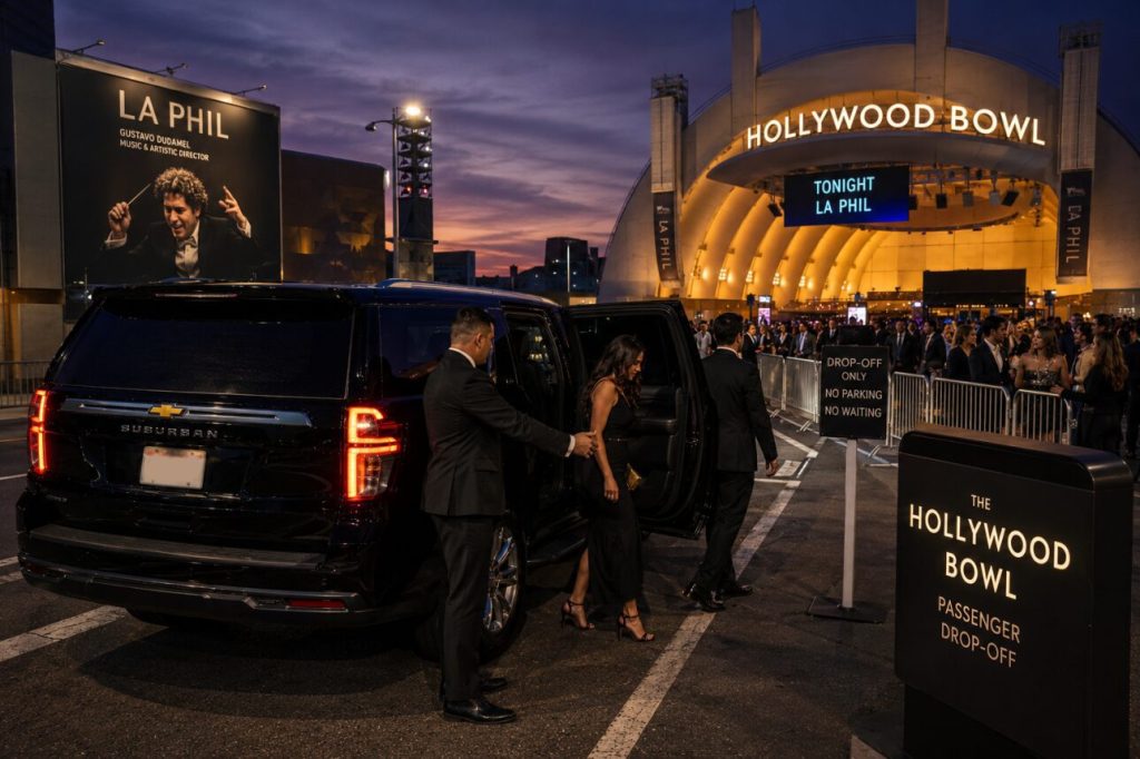 A black Chevrolet Suburban at the designated Hollywood Bowl passenger drop-off area at dusk.