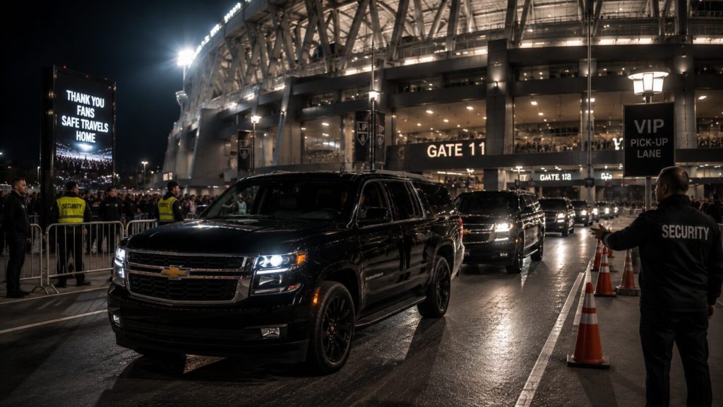A black Chevrolet Suburban leaving from a event in LA