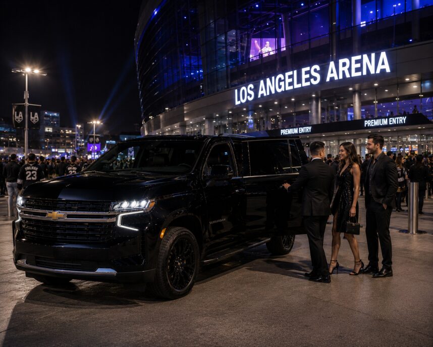 A couple arriving at an event in a private car