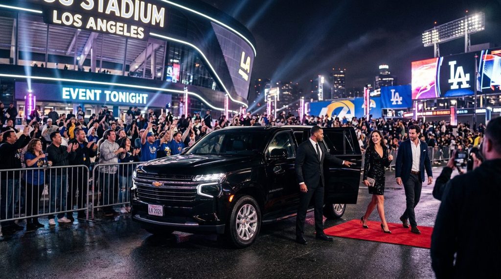A couple arriving at an event in a private car