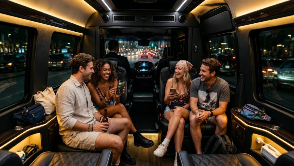 A group of friends inside a high-end black car while going to an event