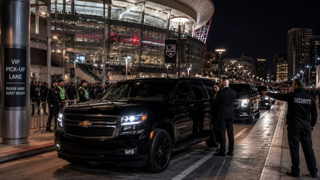 A private black car at an event’s pick-up lane