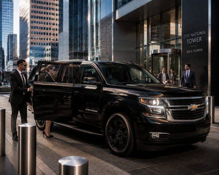 A private chauffer opening a car door for a businesswoman
