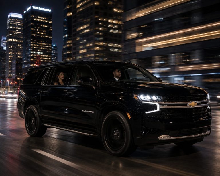 A woman in a black car being driven on LA’s roads by a chauffer