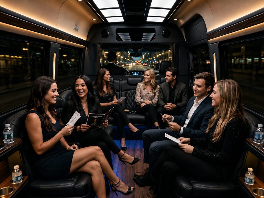 Interior of a black Mercedes Sprinter featuring premium black leather seating and refined ambient lighting.