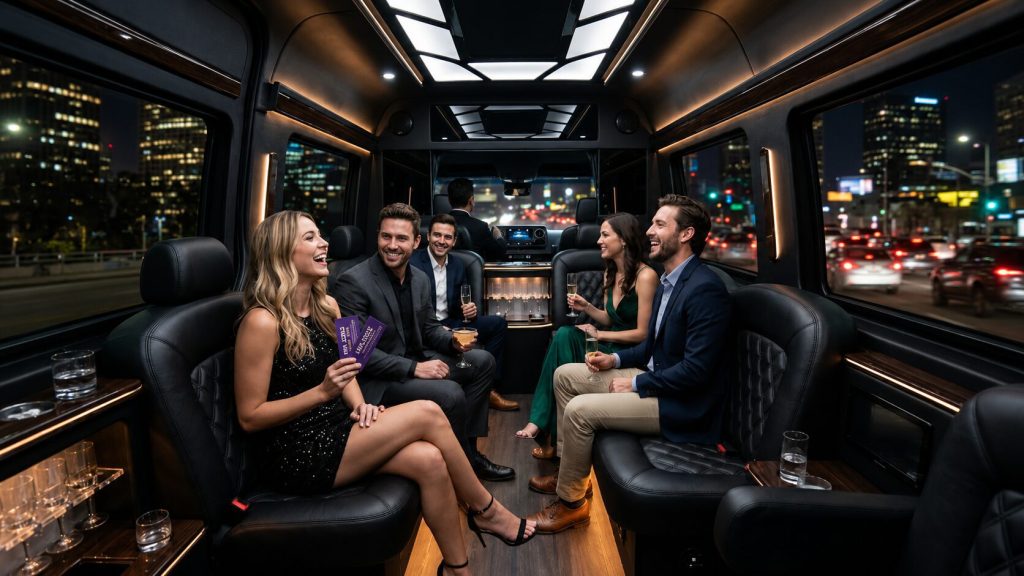 Interior of a black Mercedes Sprinter with premium black leather seating and soft ambient lighting