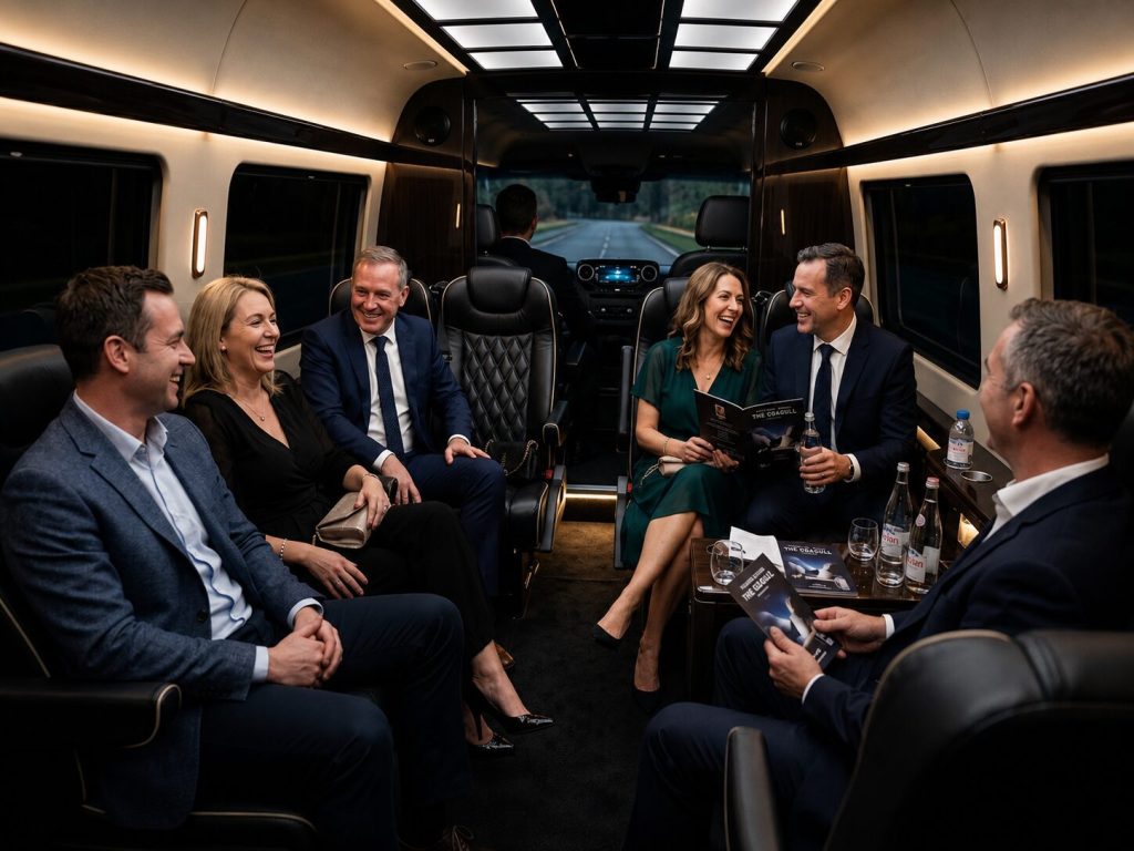 Interior of a black Mercedes Sprinter with premium black leather seating, couples and friends dressed for an evening theatre performance enjoying a comfortable ride
