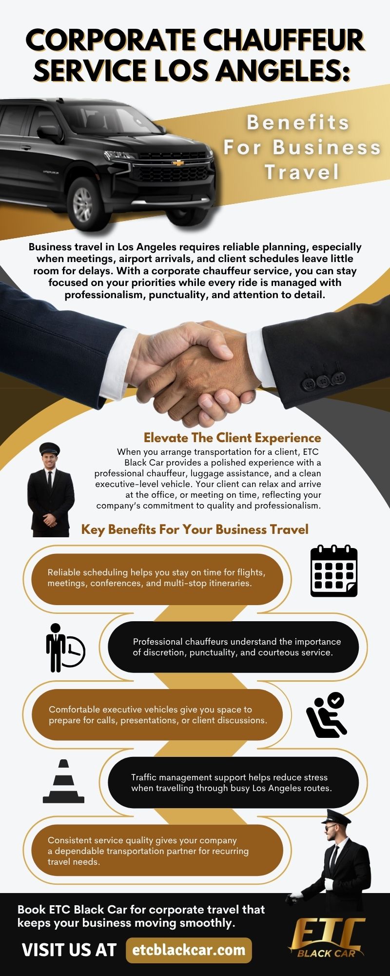 Infographic detailing the benefits of corporate chauffeur services in Los Angeles, highlighting client experience, key benefits for business travel, and how ETC Black Car ensures professionalism, punctuality, and comfort for executives.

