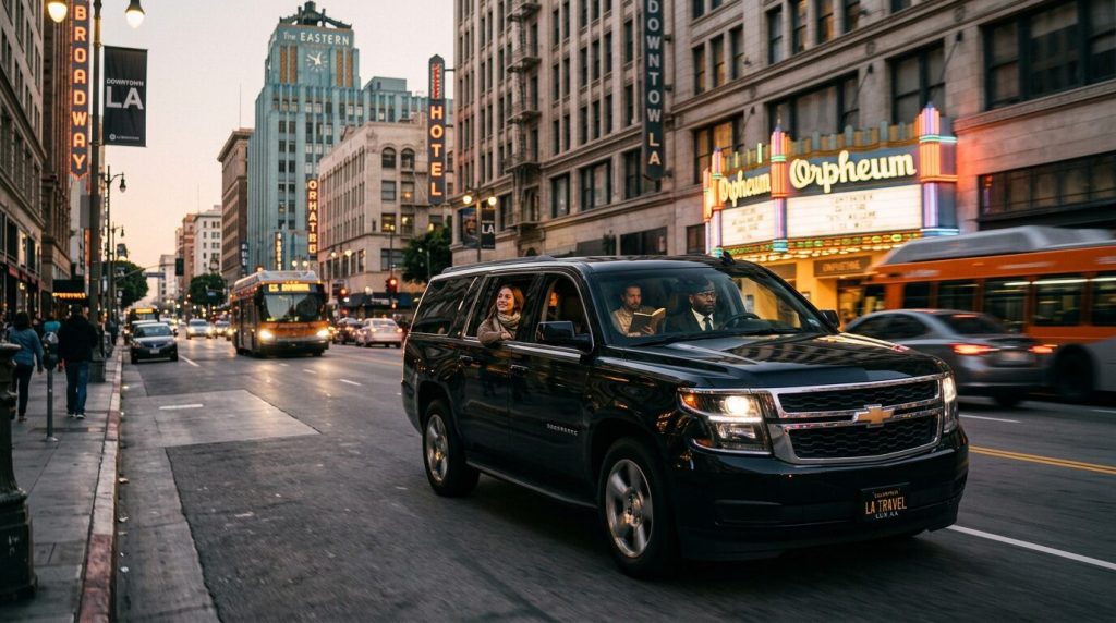 Passengers in a black car being driven on LA’s roads by a chauffer